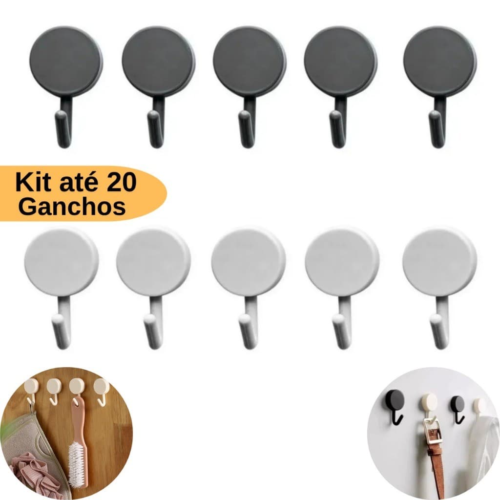 Kit Ganchos Adesivos Preto e Branco 10 ou 20 Unidades Sem Furo
