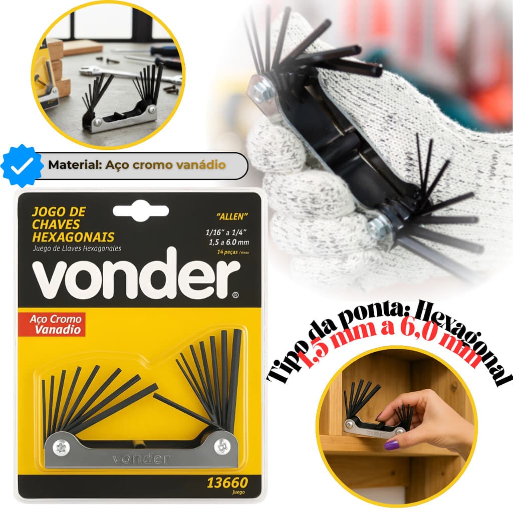 Chave Allen Canivete 1,5 A 6mm E 1/6 A 1/4 Jogo Vonder