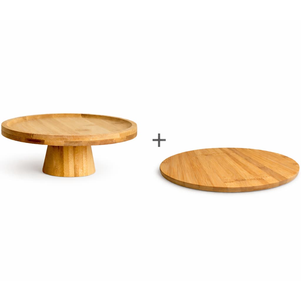 Conjunto Suporte Elevado Com Pé Bambu e/ou Prato Giratório Para Bolo Tortas Boleira Em MDF Redondo