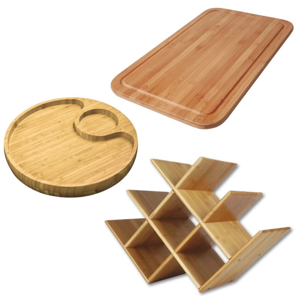 Kit Bandeja em Bambu + Tábua para Cortar Carne 50 X 30cm + Adega Suporte Porta Garrafa de Vinho em Bambu Mor