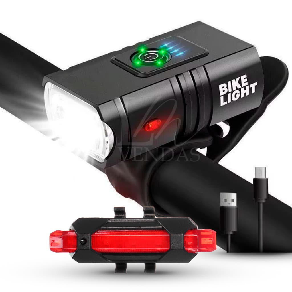 Kit Farol Bicicleta Luz Ultra Led Recarregável Prova D'Água Medidor Bateria Giro 360 + Sinalizador
