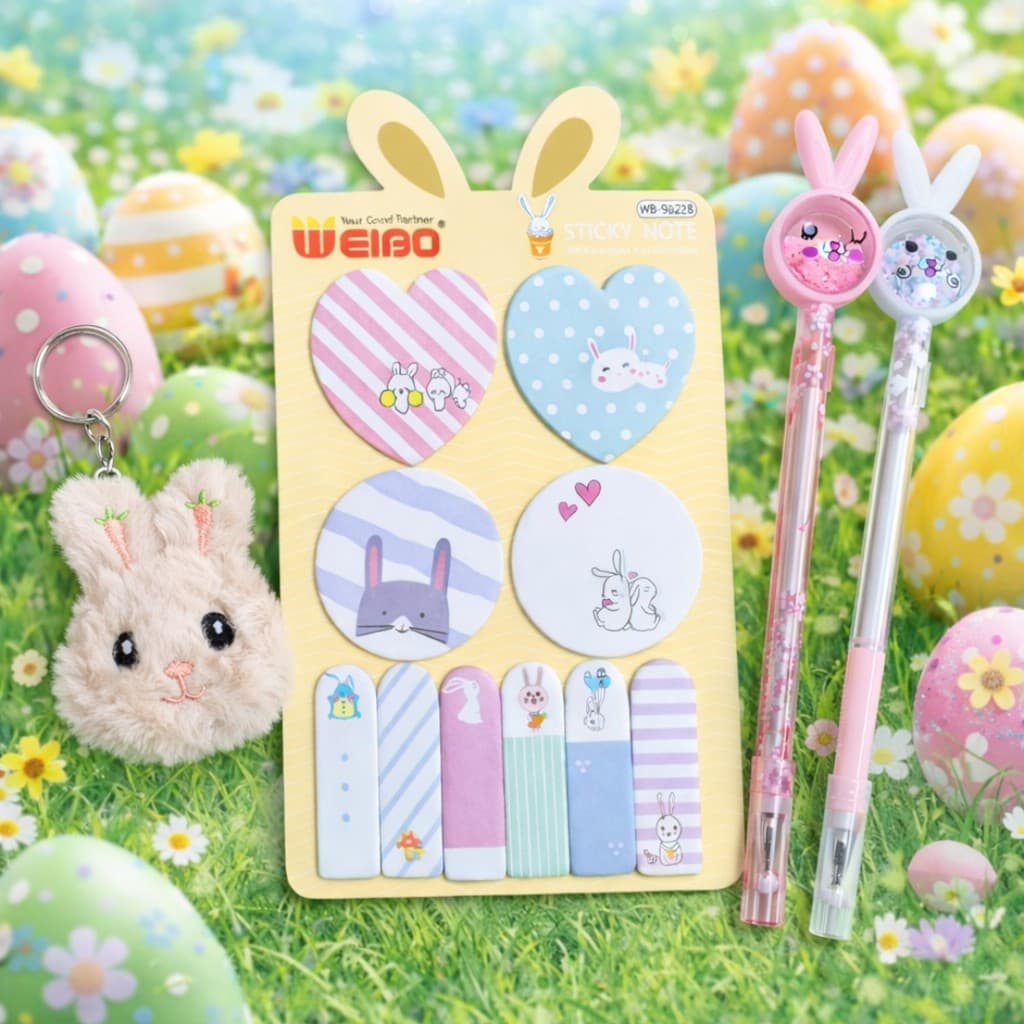 Kit Papelaria Coelho Kawaii Caneta Gel Post-it Chaveiro Pelúcia Presente Páscoa