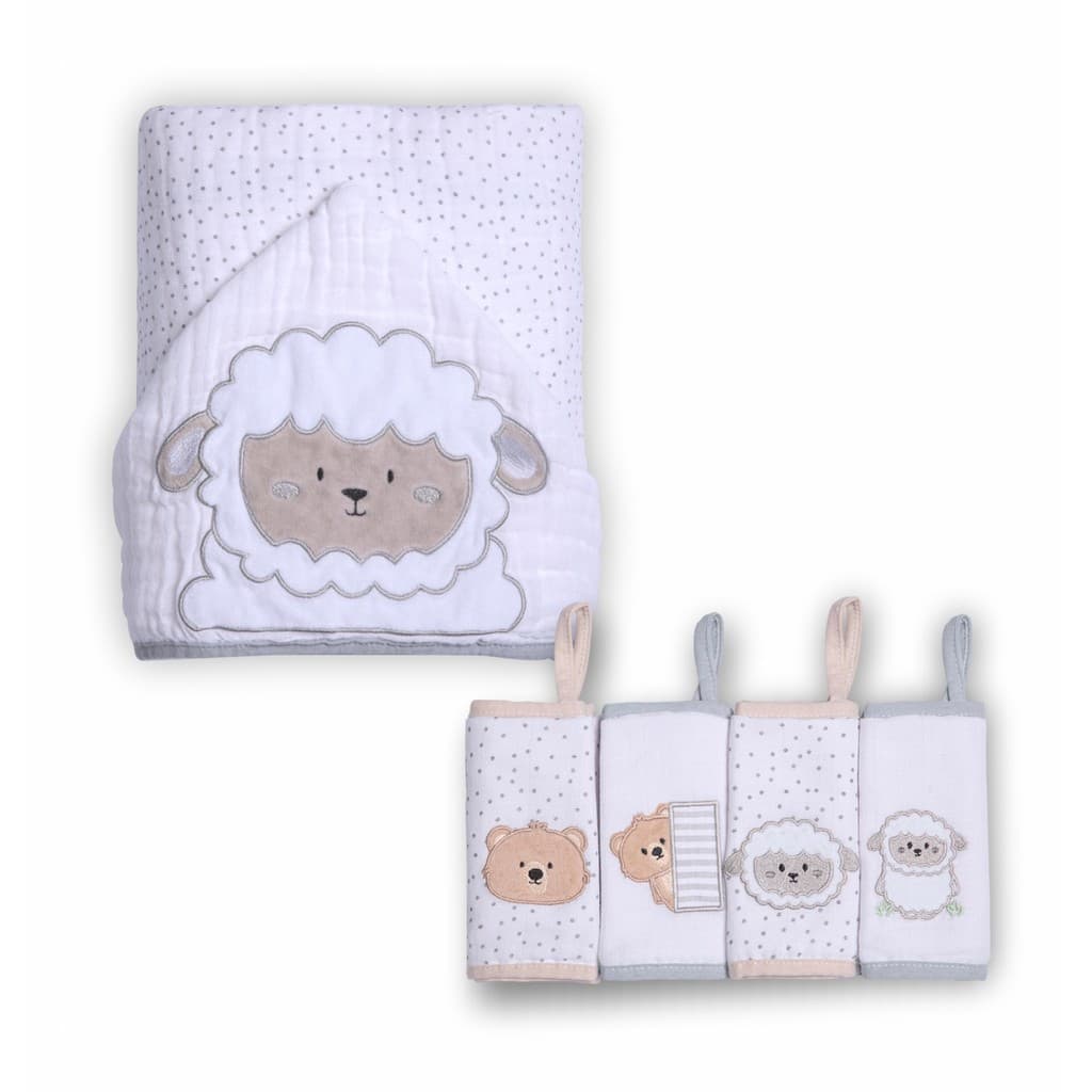 Kit Toalha de Banho c/ Capuz 90x75cm + 4 Paninhos de Boca Friends Soft 100% Algodão (Ovelha) - Papi