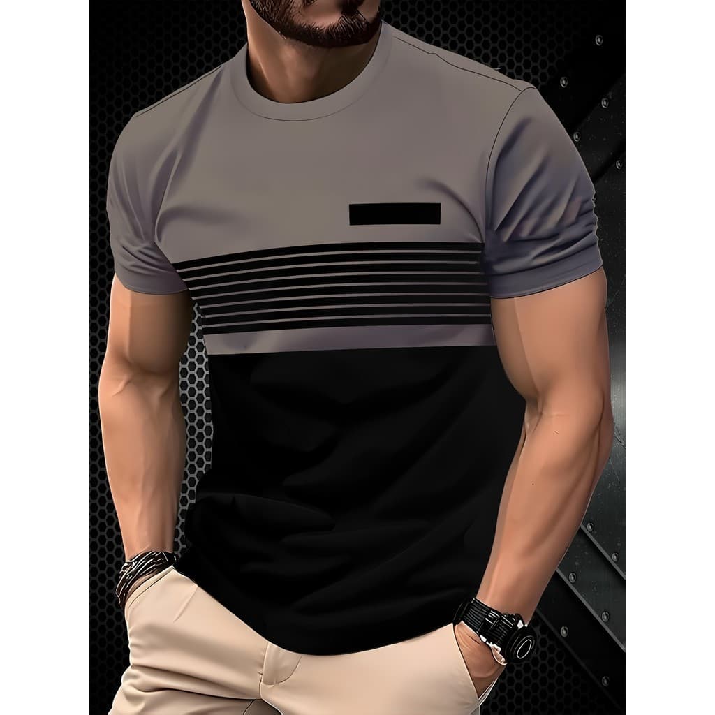 Camiseta Casual Masculina Com Estampa 3D Em Tom Duplo Listrado Manga Curta , Retrô De Ao Ar Livre