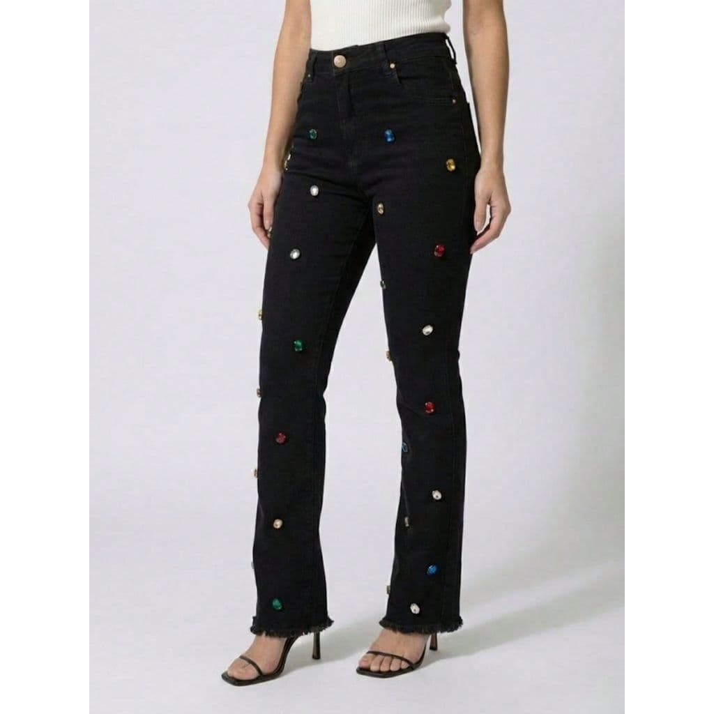 Calça Feminina Flare Jeans Preto com Pedraria Colorida Calça Jeans Feminina Flare Boca de Sino com Strass carnaval
