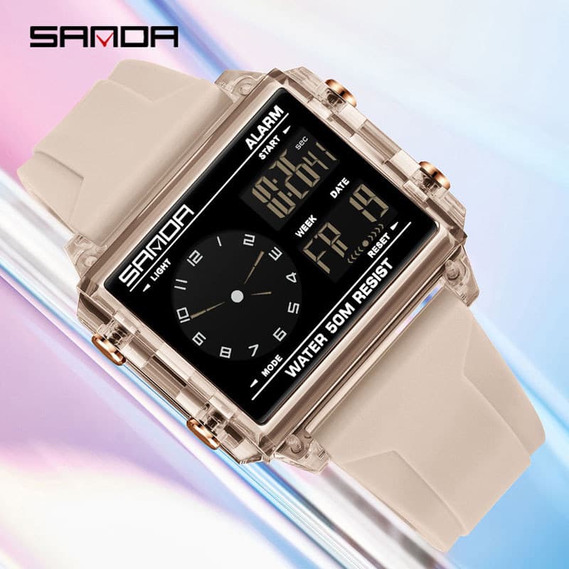 SANDA Men Daily Wear Utility Watch À Prova D'água Luminoso Dual Time Cronômetro Contagem Regressiva Alarme Aviso Hora Se