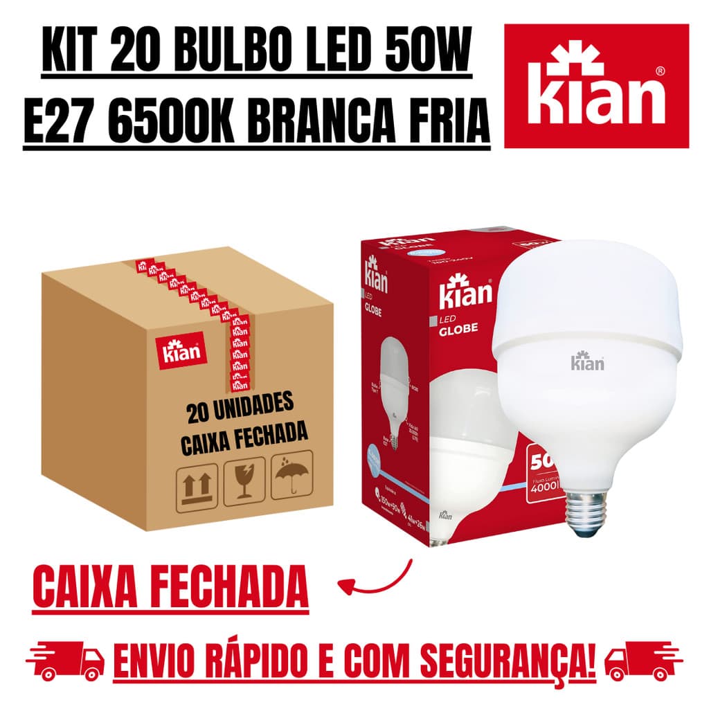 Kit 20 Lâmpada Bulbo Led 50w Branca Fria 6500k E27 Kian