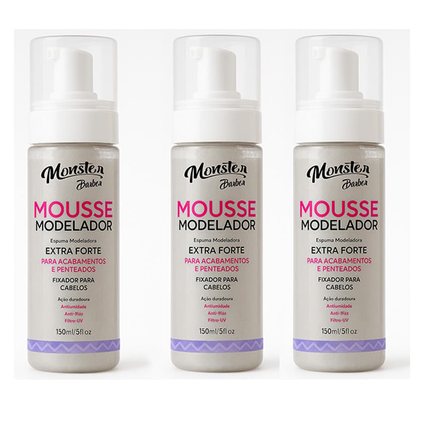 3 Espuma Mousse Modelador Monster barber Hair Para Tranças Cachos e Penteados 150ml