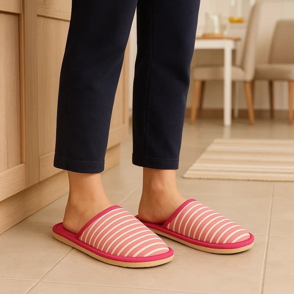 Pantufa Feminina Listras Pink Pelúcia Inverno Quente Macia Conforto Aconchegante