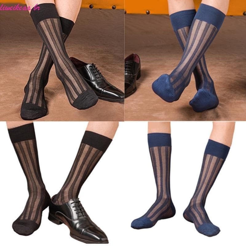 liweikeaa Masculino Casual Terno Negócios Transparente Meias Sociais Nylon Listradas Largas Panturrilha Média