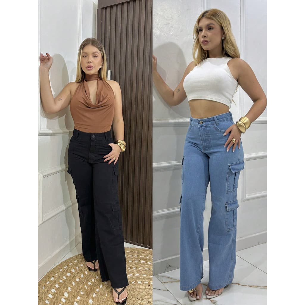Kit 2 Calças Jeans Femininas Wide Leg Cargo Cintura Alta 4 Bolsos Laterais Moda Streetwear Casual