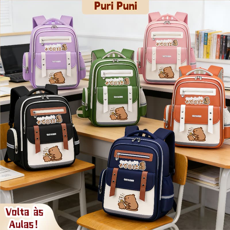 Mochila Escolar infantil meninos e meninas Capivara Fofo grande capacidade 30x43x16cm