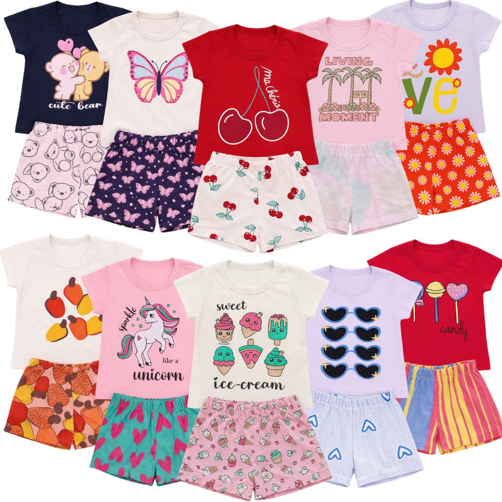 Kit 8 Peças Roupa Infantil Bebe Verão Menina Conjunto Calor Camiseta Malha Short Moletinho Feminho