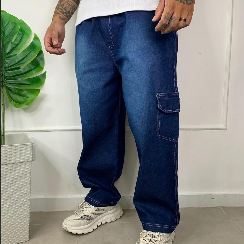 Calça Cargo Jateado Escuro Masculina Streetwear Premium Larga