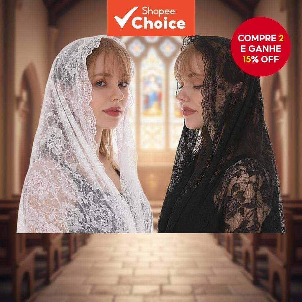 Véu de Capela Mantilla em Renda para Mulheres - Cobertura de Cabeça para Missa Latina Católica para Igreja e Oração