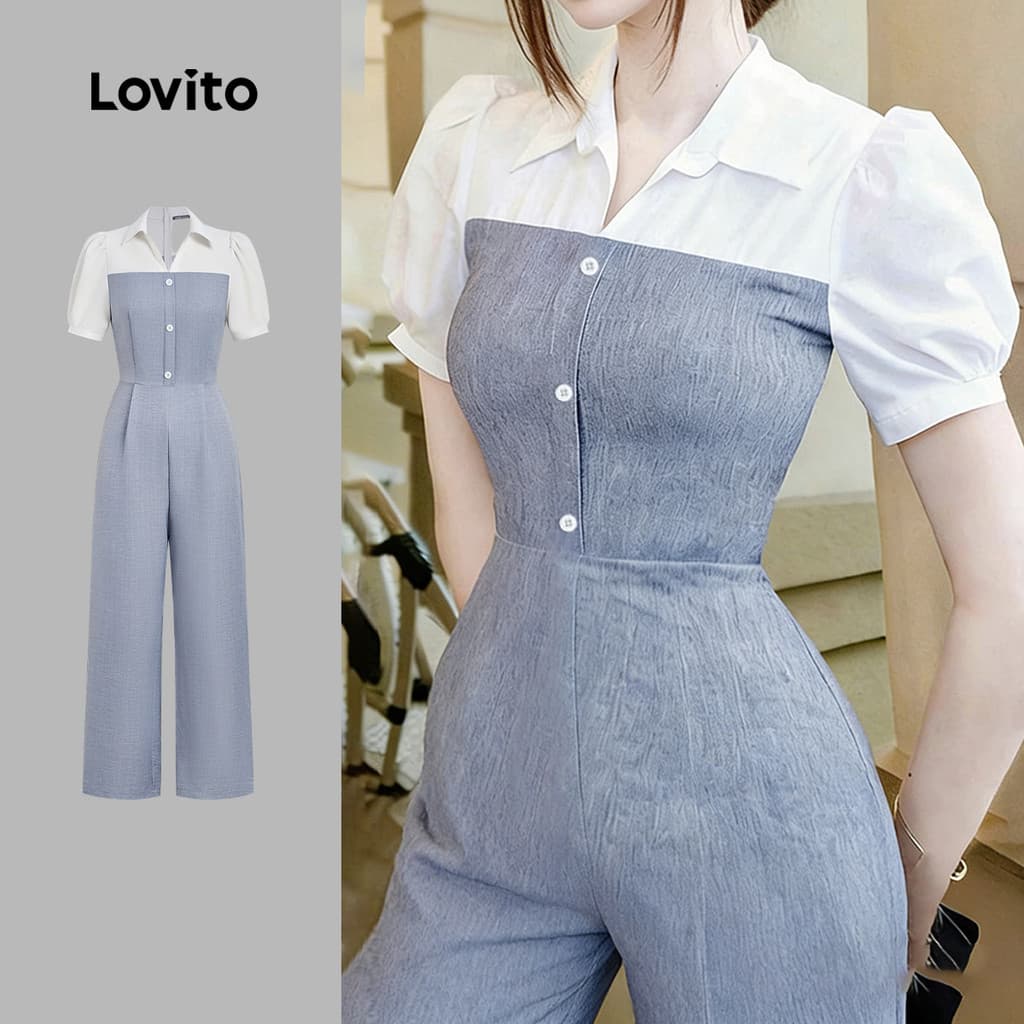 Lovito  Macacão Casual Tecido Costura Pregueado Plissado Primavera/verão Cinza Macacão Feminino L177ED174