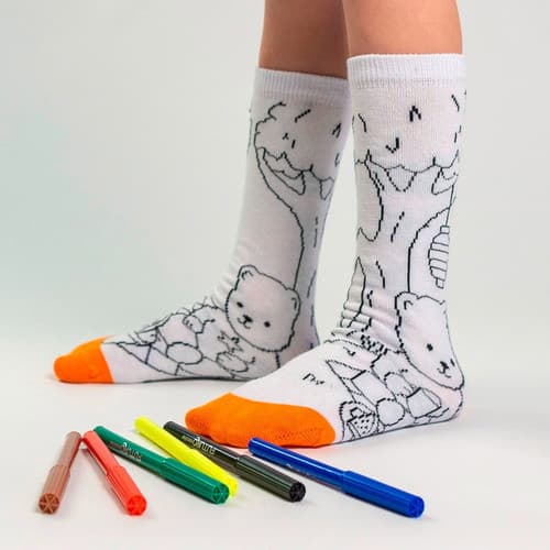 Meia Infantil para Pintar + Canetinhas Laváveis Goods Duck Reutilizável Menino Menina Colorir Kit