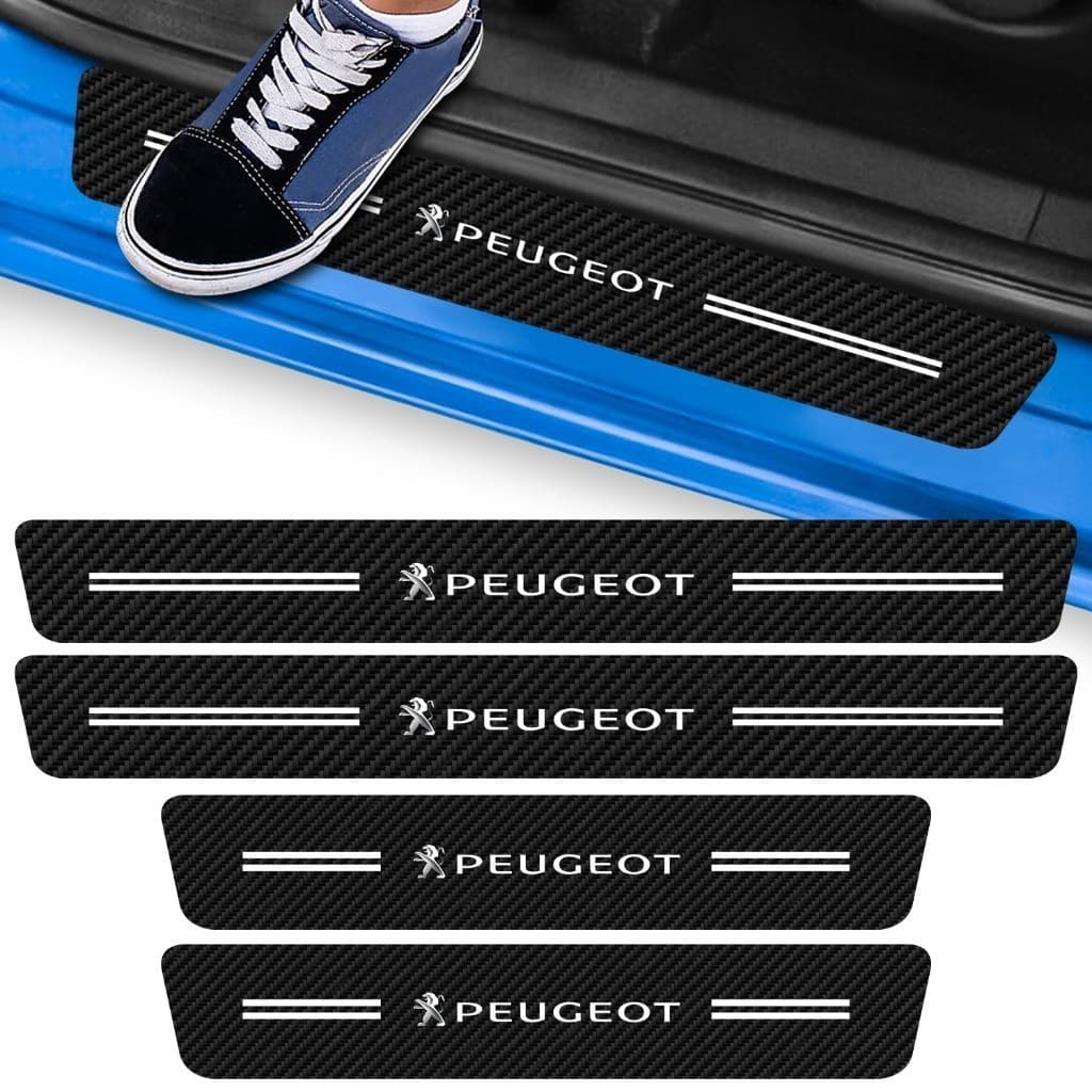Kit 4 Peças Adesivo Soleira de Porta Carro Modelo Peugeot Proteção Fibra de Carbono Anti Arranhões