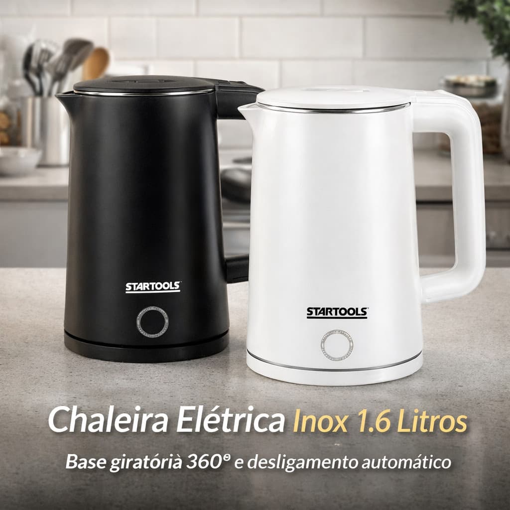 Chaleira Jarra Elétrica Design 1.6 Litros Inox – 110V ou 220V Branca ou Preta