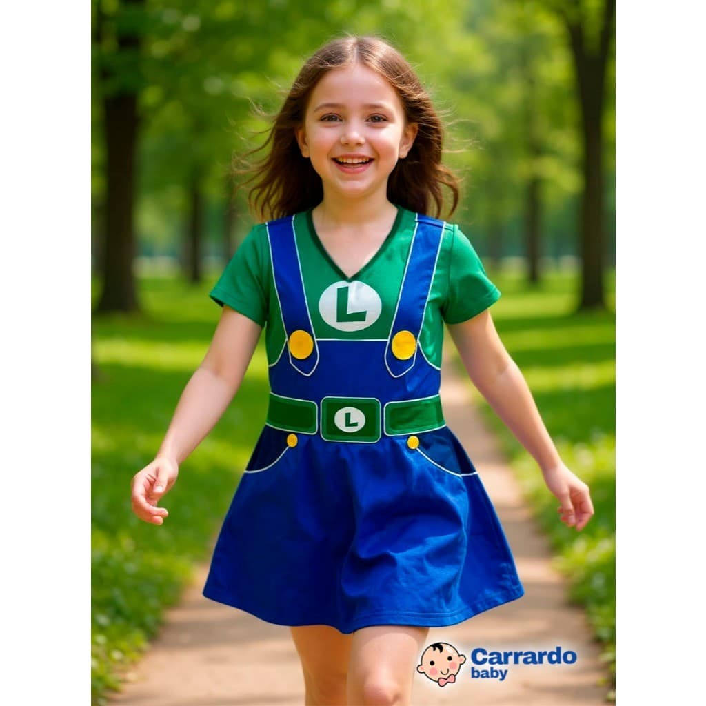 Fantasia Infantil Menina Vestido Luigi Super Mario Bros Halloween Festa Aniversário Cosplay Criança