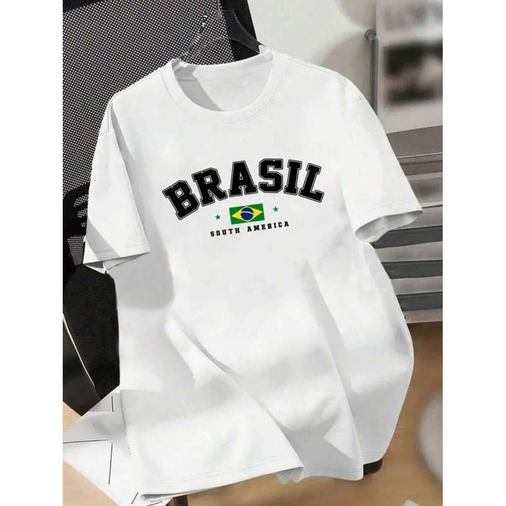 Camiseta Unissex 100% Algodão Estampa Brasil Moda Verão Casual Malha Premium Confortável Uso Diário
