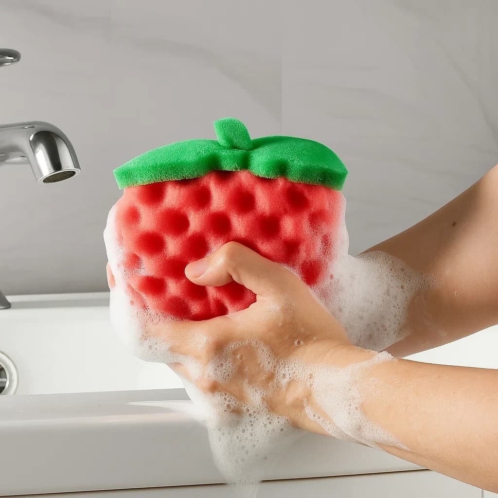 Esponja Banho Fruta Vermelha Macia Espuma Esfoliante Corpo Higiene Esfregar Costas Lava