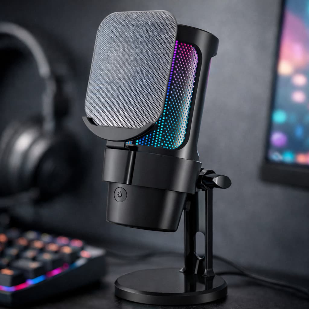 Microfone Gamer Condensador De Mesa Profissional Led Rgb Fire Phoenix Bk-806c Preto