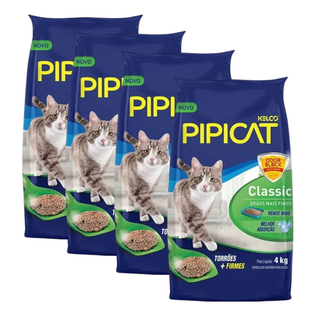 Kit Areia Sanitária Para Gatos Kelco Pipicat Classic 4kg 4 Un