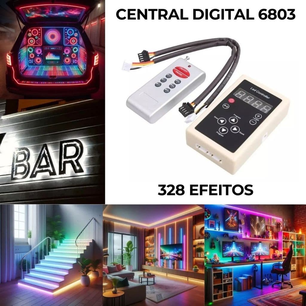 Central Controladora LED Digital 6803 RGB 12V 328 Efeitos Chroma Arco Iris Com Controle
