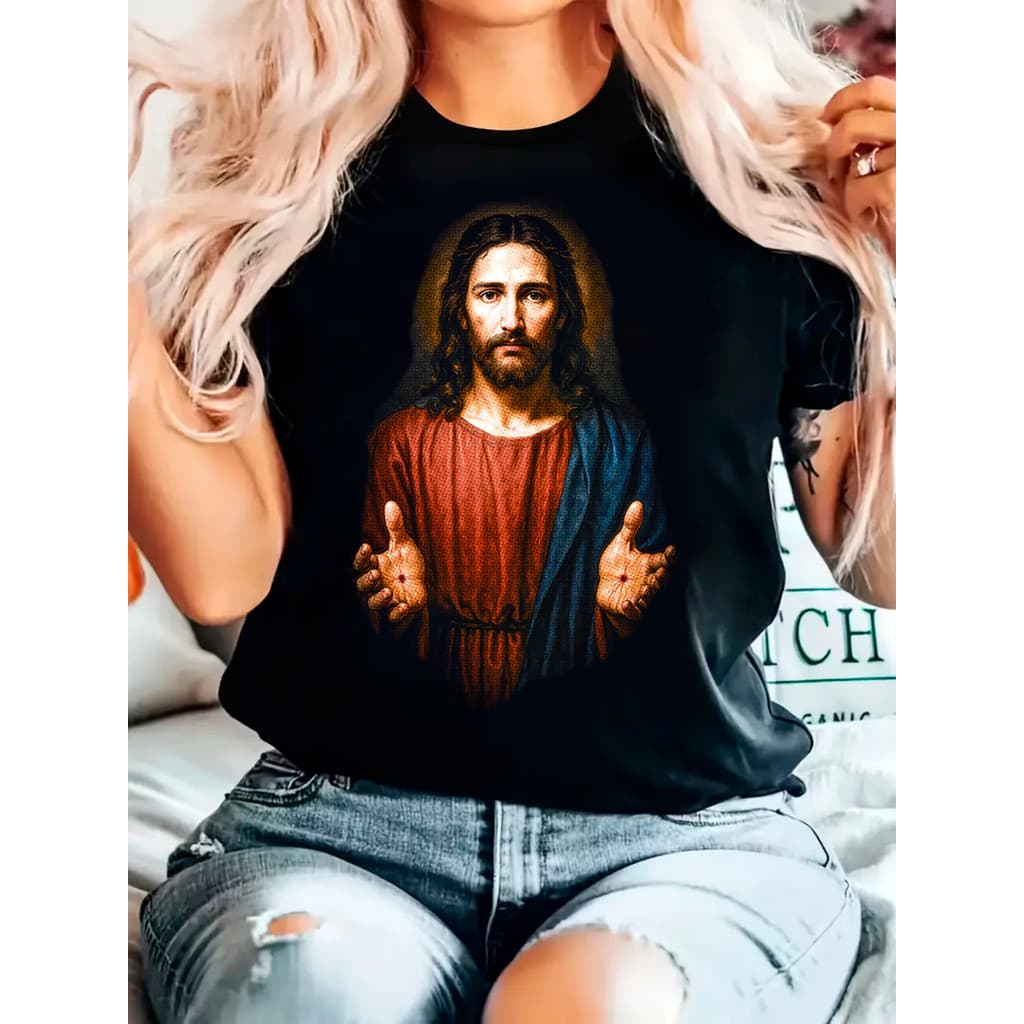 Camiseta Feminina Jesus Misericordioso Estampa Religiosa 100% Algodão Leve e Confortável Femenina