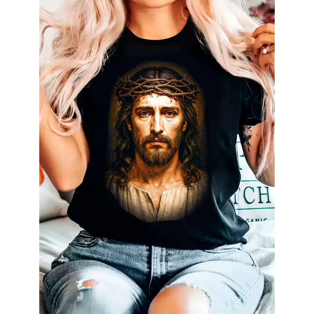 Camiseta Feminina Jesus Cristo Coroa de Espinhos Estampa Religiosa 100% Algodão Preta Leve Femenina