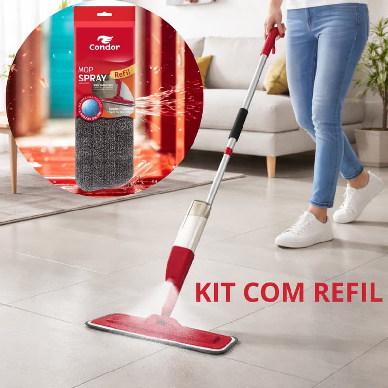 KIT MOP SPRAY CONDOR + REFIL DE MICROFIBRA ORIGINAL LIMPEZA FÁCIL SEM SUJAR AS MÃOS ESFREGÃO SPRAY