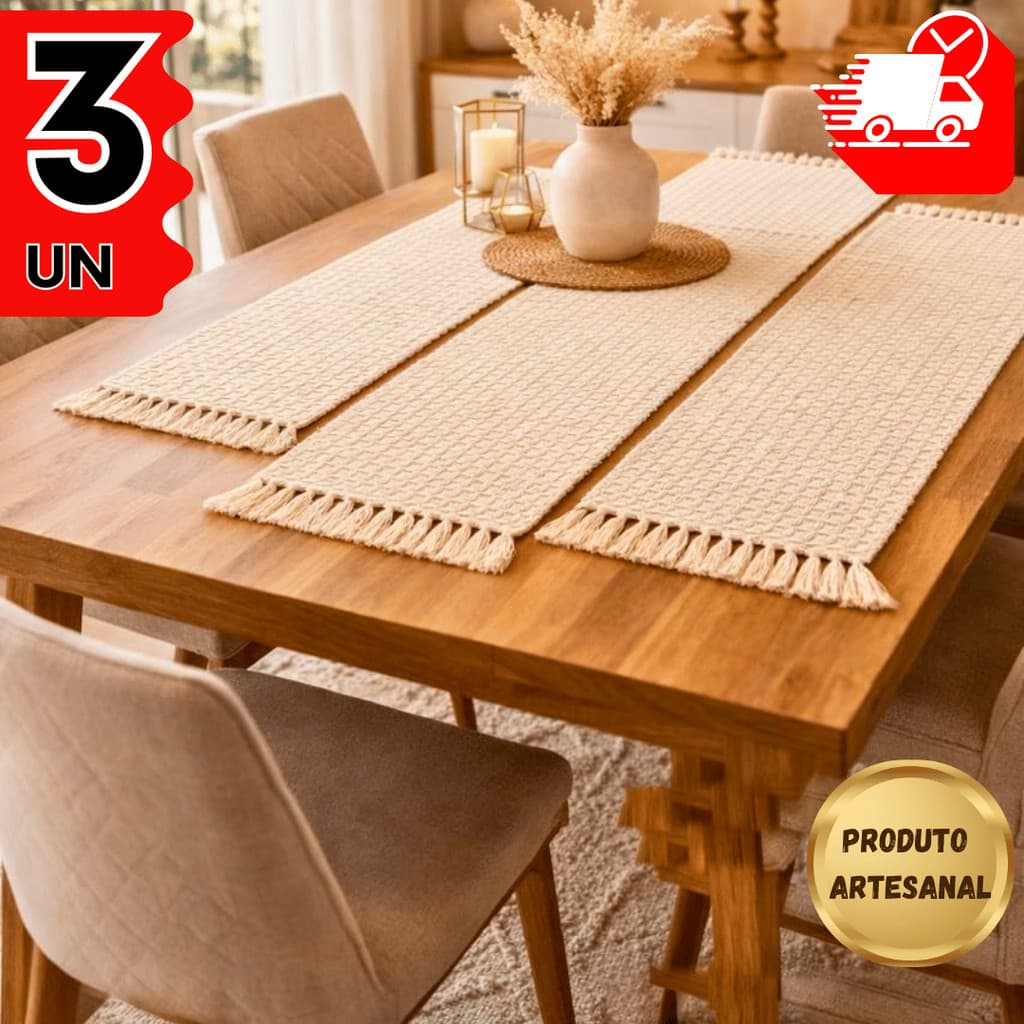 Caminho de Mesa 1/3 em Tear 100% Algodão Premium Boho Chic– Peça Artesanal para Mesa Posta e Eventos