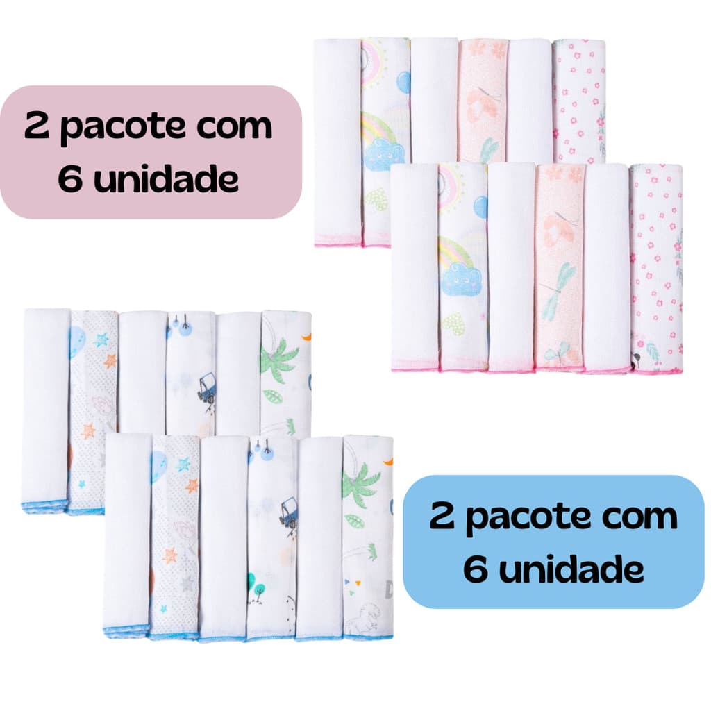 Kit 12 Unidade Pano de Boca Bebê 100% Algodão 30x30cm Com Estampa