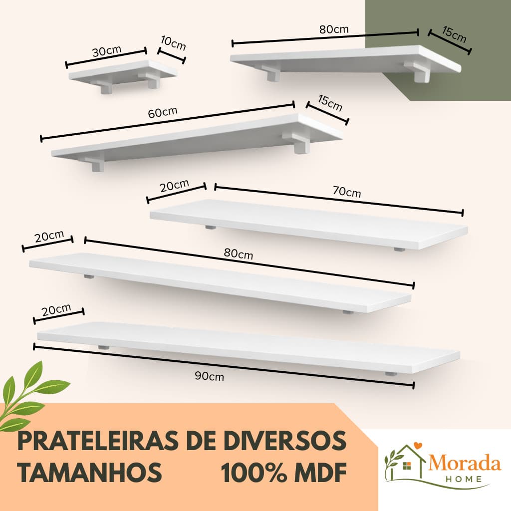 Prateleiras Brancas MDF Decorativas Quarto Sala Cozinha Banheiro Com Kit Instalação Placa 15mm