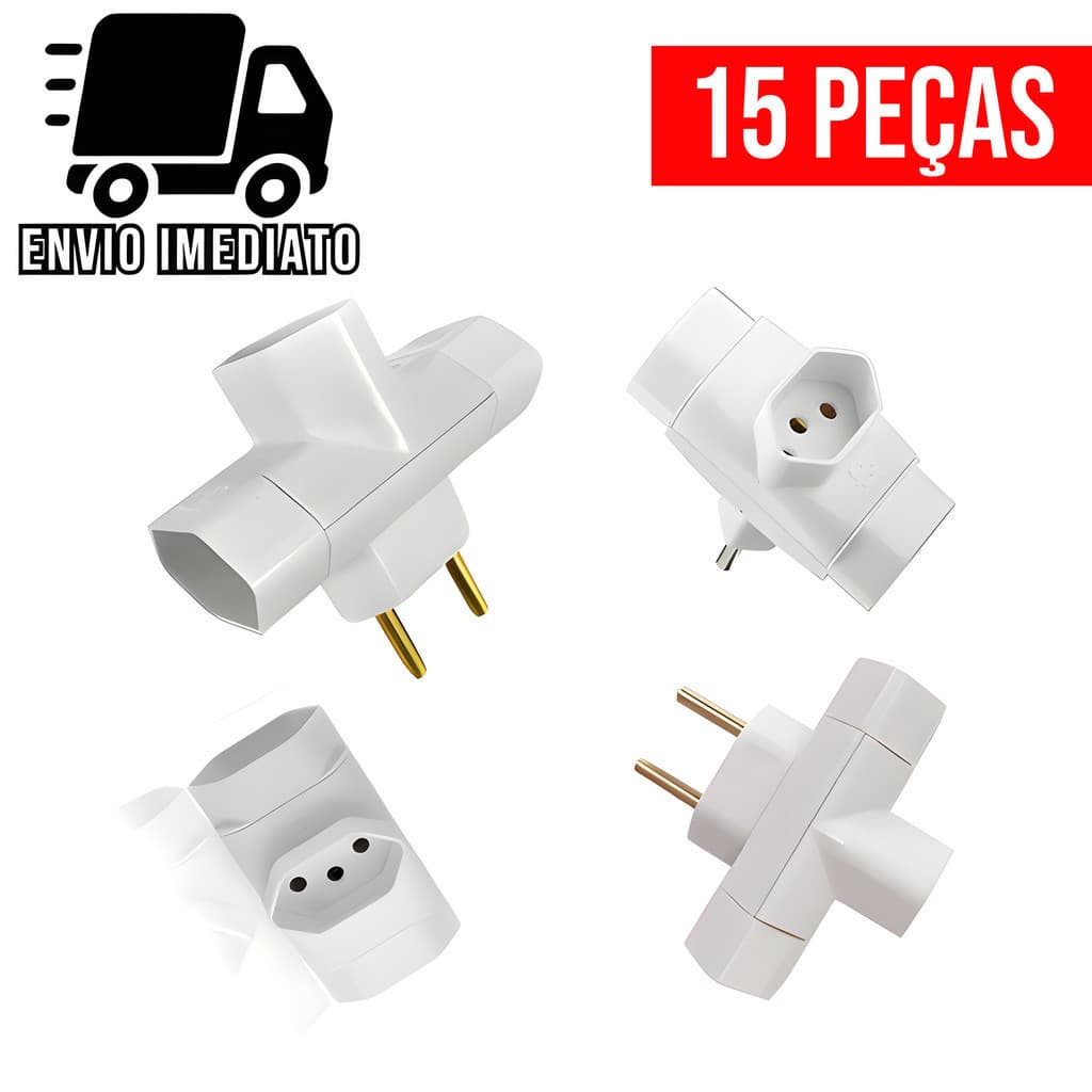 Kit 15 Adaptador de Tomada Benjamin 3 PINOS Formato T de 10A Bivolt