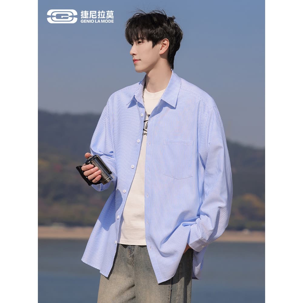 GENIOLAMODE Macacão Japonês Camisa Listrada Masculina Lapela de Inverno Azul Branco Listrado Solto Casual Camisa Masculi