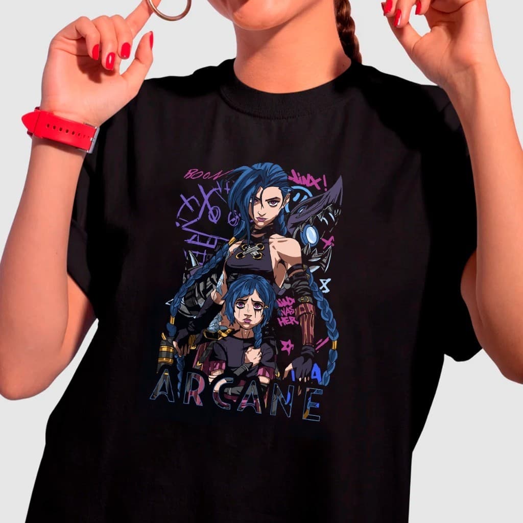 Camiseta 100% Algodão T-Shirt Arcane League of Legends Jinx Riot Games