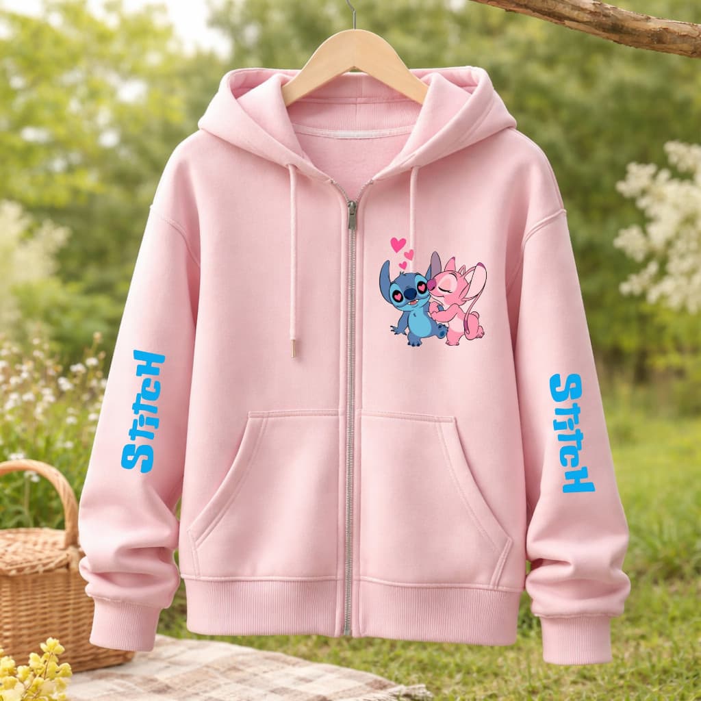 Blusa de Moletom com Ziper Casaco Quentinho Capuz Bolso Lilo Stitch Infantil Menina