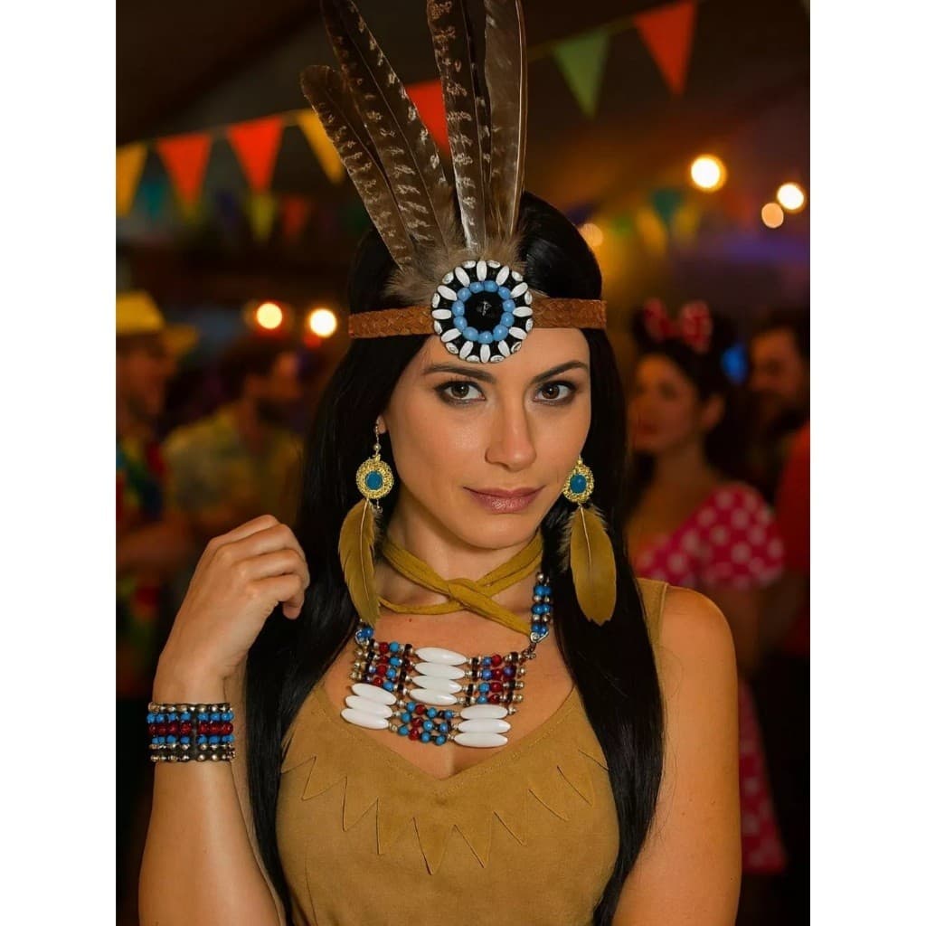 Kit Acessórios Fantasia de Índia 4 Peças Tiara Penas Brincos Colar Pulseira Cosplay Festa Carnaval Indígena Natureza