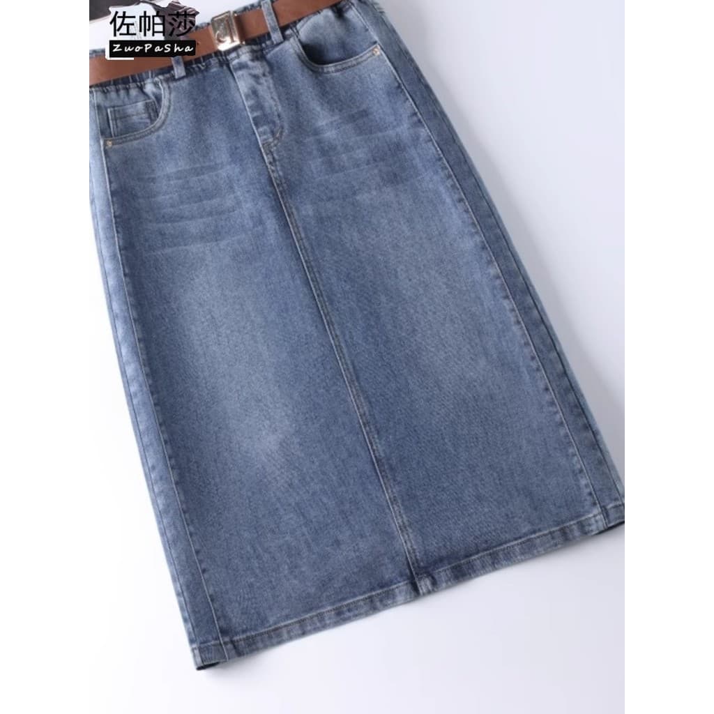Saia jeans elástica de cintura alta feminina 2025 primavera outono novo estilo mais magro olhar dividido a linha comprim