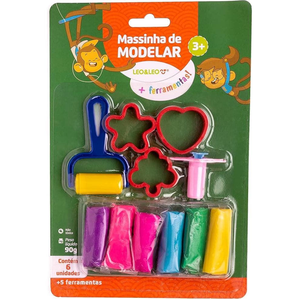 KIT MASSA DE MODELAR 6 CORES MAIS 5 PECAS LEOELEO