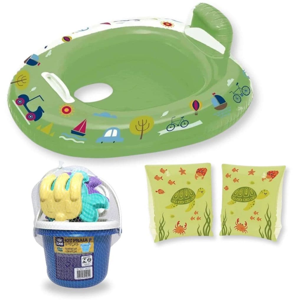 Kit Boia Bote Infantil com Fralda Verde + Boia de Braço Infantil + Baldinho de Praia Colorido