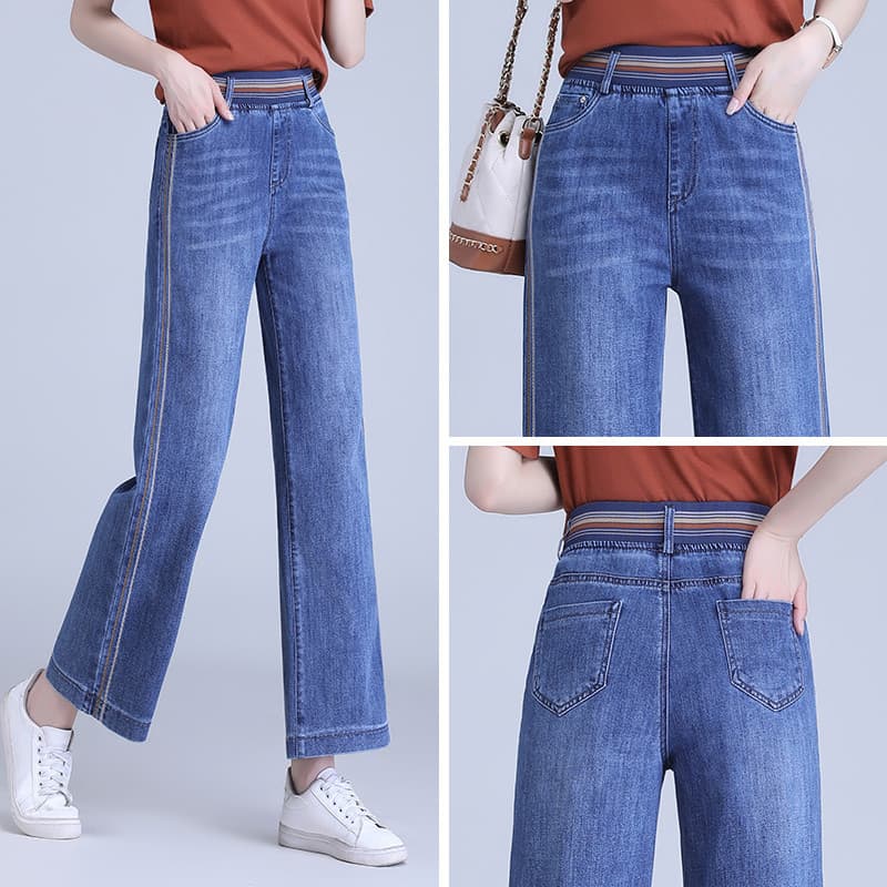 Calças de brim de verão estilo fino senhoras Zhengzhou High-End calças femininas perna larga verão em linha reta macio F