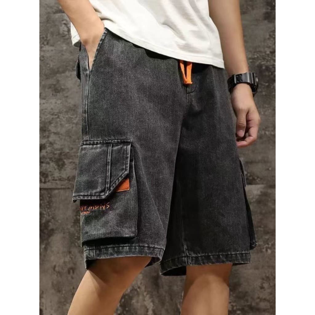 Verão masculino solto em linha reta Denim Shorts Multi-bolso fumaça cinza calças de comprimento médio calças de cinco po