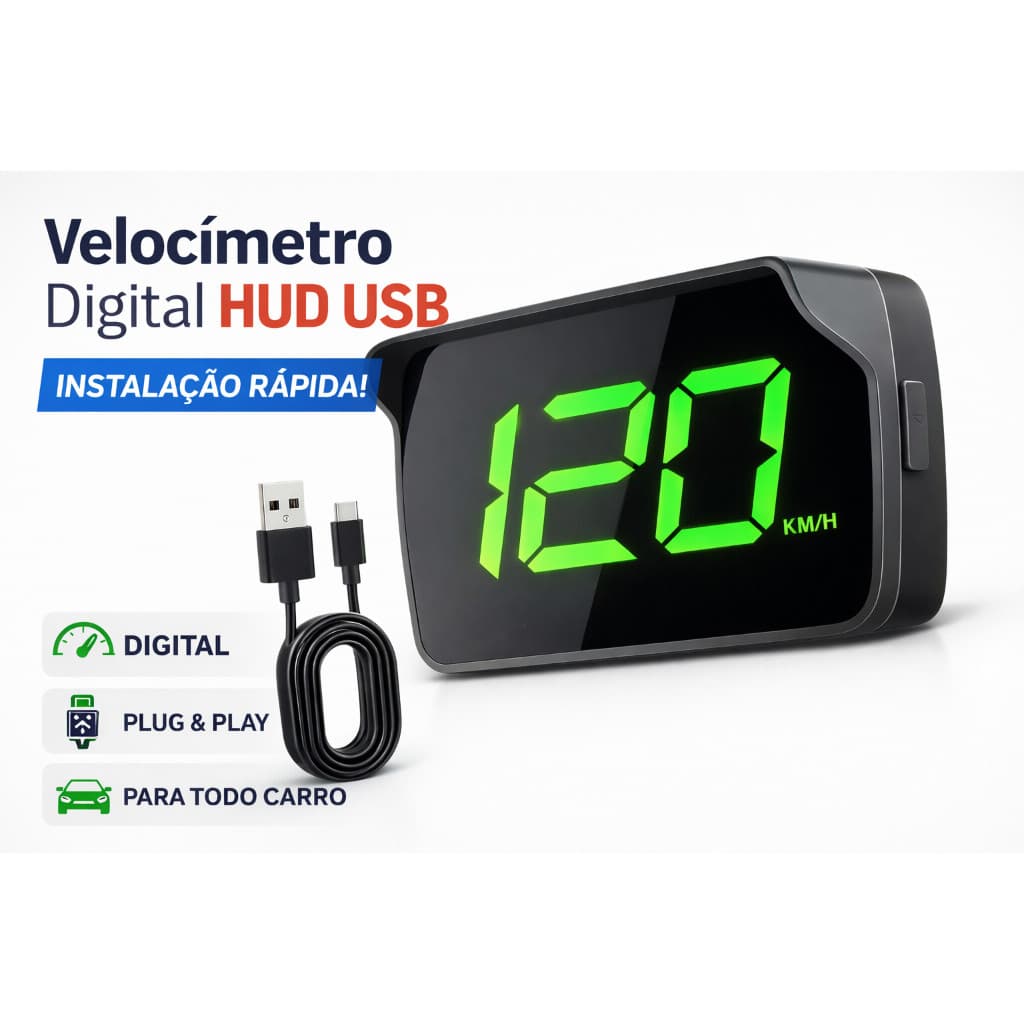 Velocímetro Digital GPS HUD LED para Carro e Moto | Display Head Up Alta Precisão + USB Plug & Play Universal