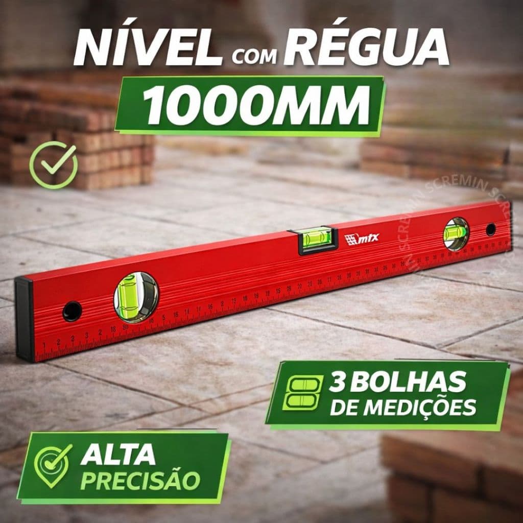 Nível Alumínio MTX 1000mm 3 Bolhas Profissional Alta Precisão Com Régua Reforçado