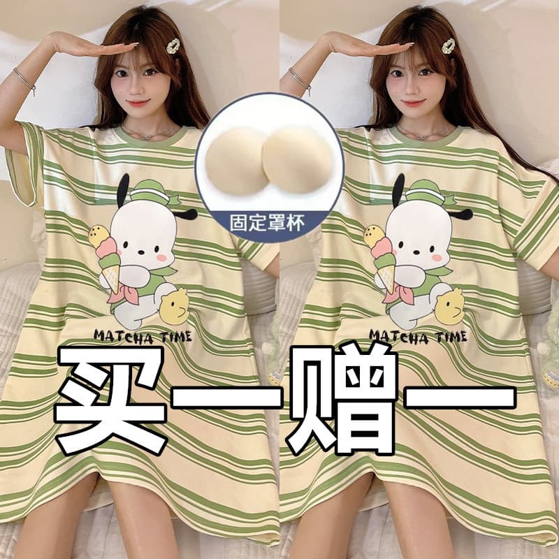 2025 novo estilo camisola de uma peça com almofada no peito feminino verão algodão manga curta pijamas primavera verão e