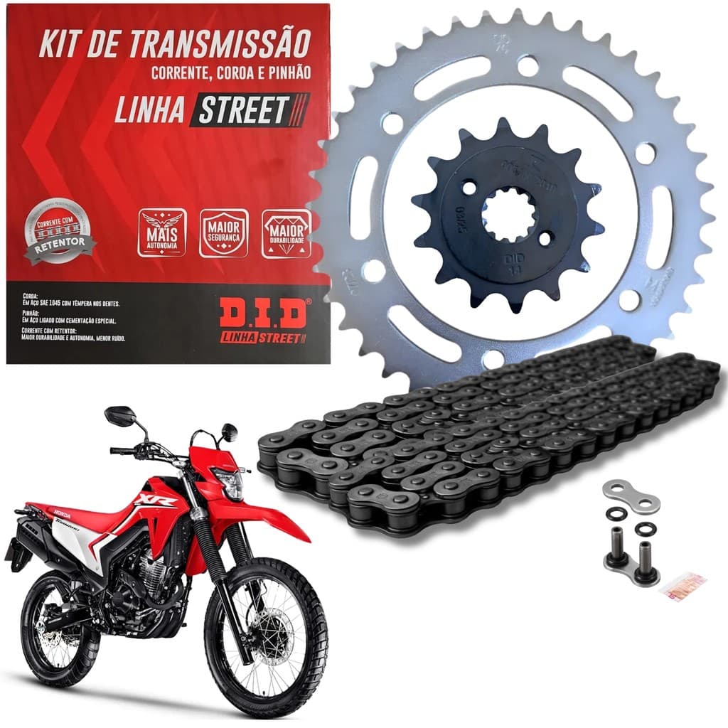 KIT RELAÇÃO TRANSMISSÃO DID STREET C/ RETENTOR HONDA XR 300L TORNADO 300 2024 2025