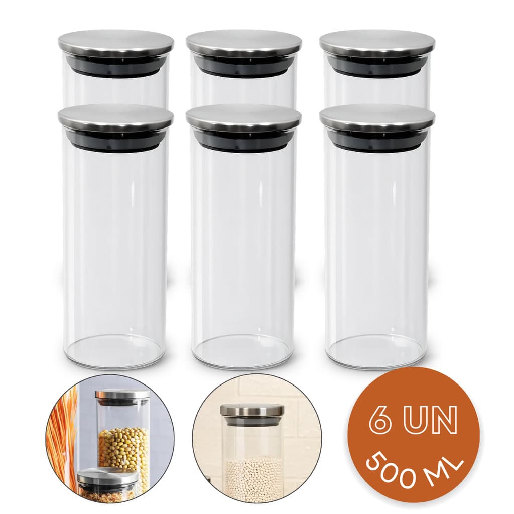 Potes Herméticos Porta Mantimentos De Vidro Com Tampa Inox 500ml Organizadores De Cozinha